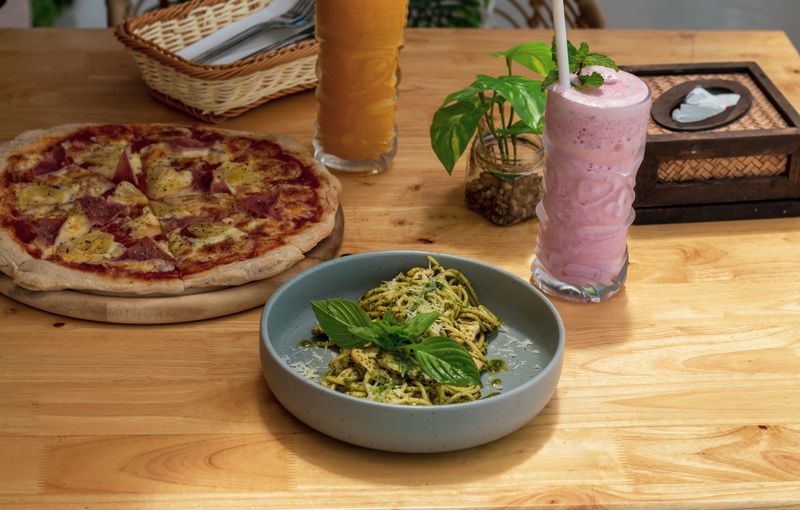 The Art Lover pizza with roasted vegetables and pesto